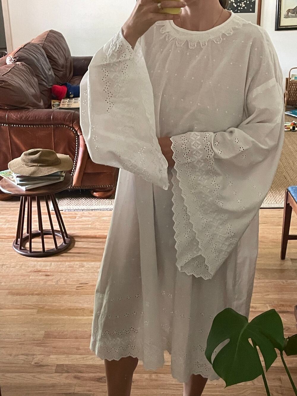 Vintage Victorian Edwardian Style White Eyelet Bell-Sleeve Dress Or Nightgown